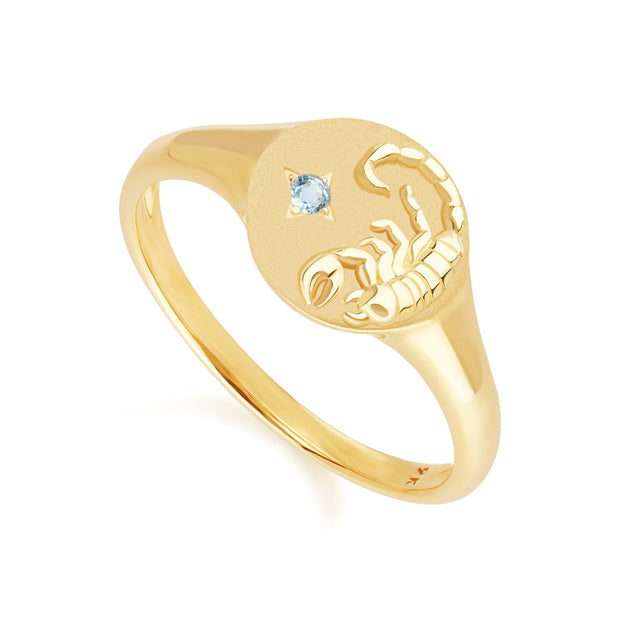 Zodiac Swiss Blue Topaz Scorpio Signet Ring In 9ct Yellow Gold