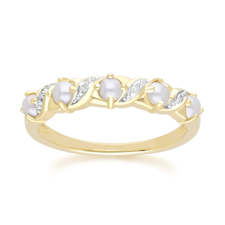 Classic Art Nouveau Style Pearl & Diamond Eternity Ring in 9ct Yellow Gold