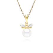 Honeycomb Inspired Pearl and Diamond Bee Pendant Necklace in 9ct Yellow Gold