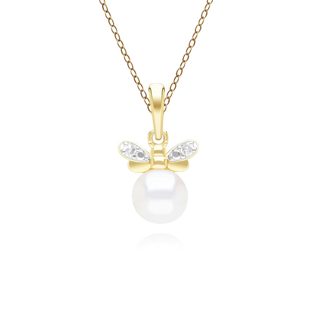 Honeycomb Inspired Pearl and Diamond Bee Pendant Necklace in 9ct Yellow Gold