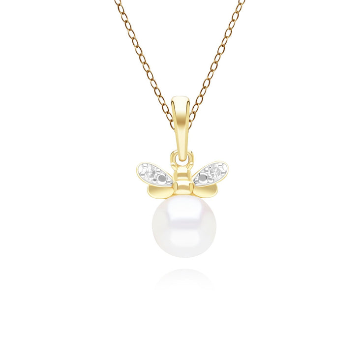 Honeycomb Inspired Pearl and Diamond Bee Pendant Necklace in 9ct Yellow Gold