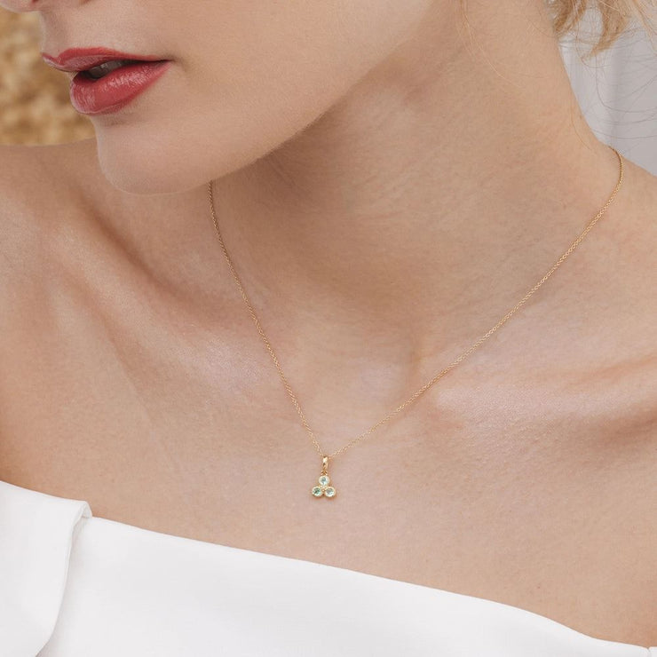 Floral Emerald Three Stone Pendant Necklace in 9ct Yellow Gold