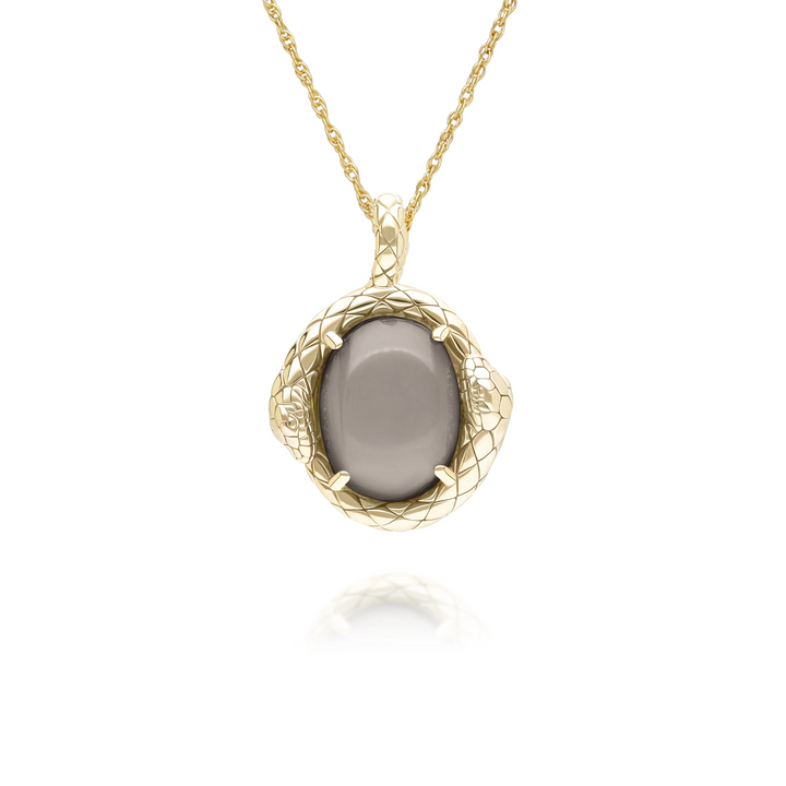 ECFEW Oval Black Moonstone snake two-headed coiled bezel-set cabochon pendant necklace in gold vermeil sterling silver