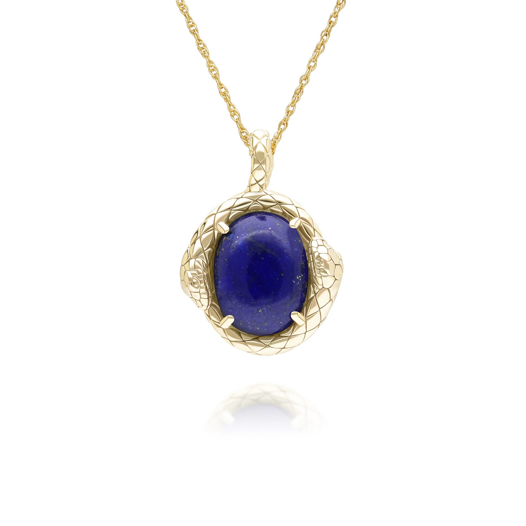 ECFEW Oval lapis lazuli snake two-headed coiled bezel-set cabochon pendant necklace in gold vermeil sterling silver
