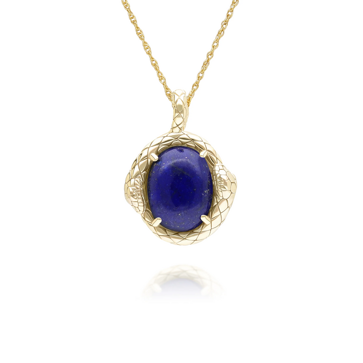 ECFEW Oval lapis lazuli snake two-headed coiled bezel-set cabochon pendant necklace in gold vermeil sterling silver