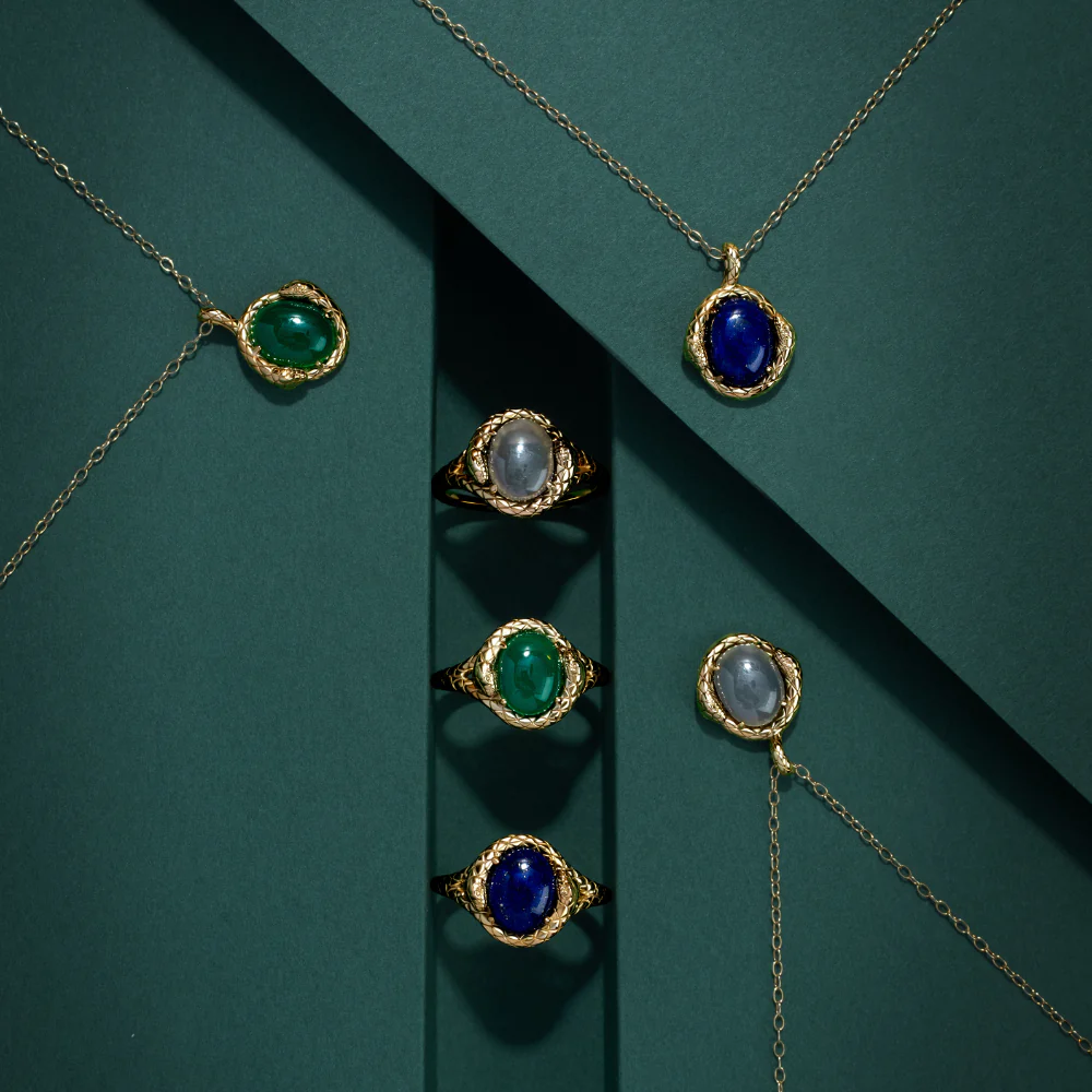 ECFEW Oval lapis lazuli snake two-headed coiled bezel-set cabochon pendant necklace in gold vermeil sterling silver