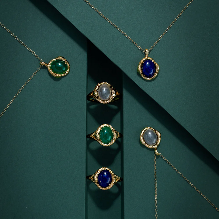 ECFEW Oval lapis lazuli snake two-headed coiled bezel-set cabochon pendant necklace in gold vermeil sterling silver