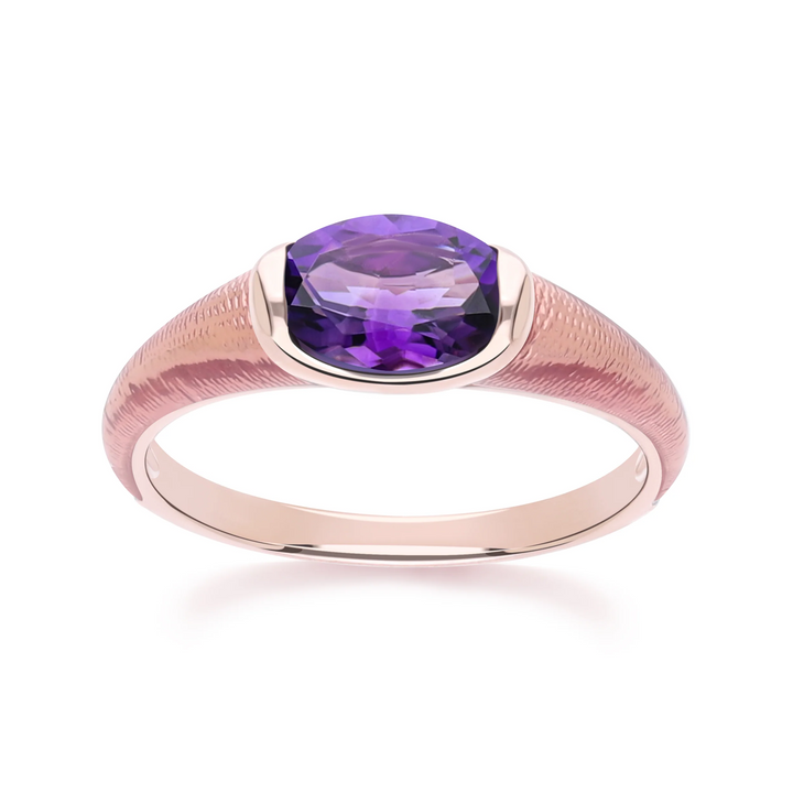 Siberian waltz Oval amethyst with violet enamelled half-bezel ring in rose gold vermeil sterling silver