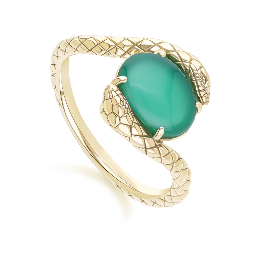 ECFEW Oval dyed green chalcedony by pass snake set cabochon ring in gold vermeil sterling silver