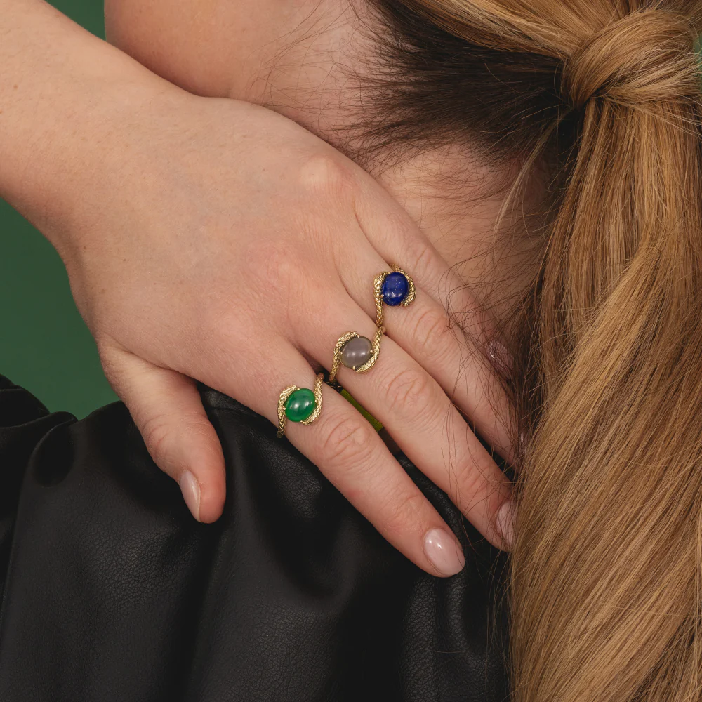 ECFEW Oval Lapis Lazuli by pass snake set cabochon ring in gold vermeil sterling silver