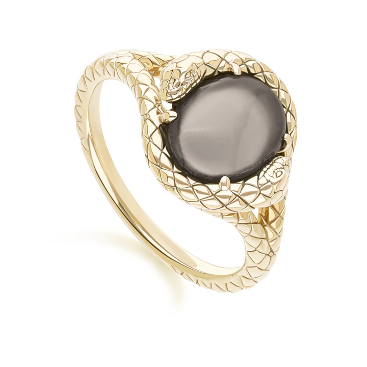 ECFEW Oval Black Moonstone snake two-headed coiled bezel-set cabochon ring in gold vermeil sterling silver