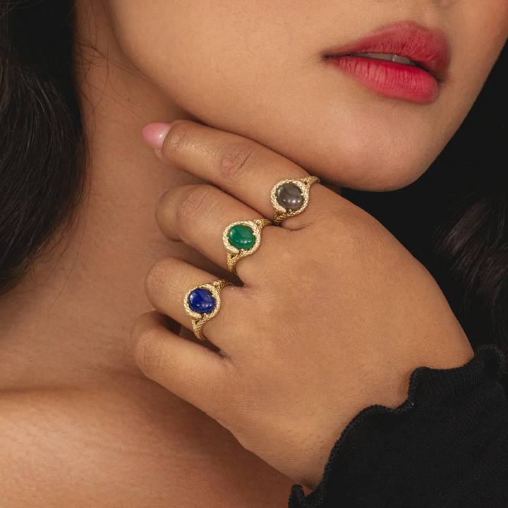 ECFEW Oval dyed green chalcedony snake two-headed coiled bezel-set cabochon ring in gold vermeil sterling silver