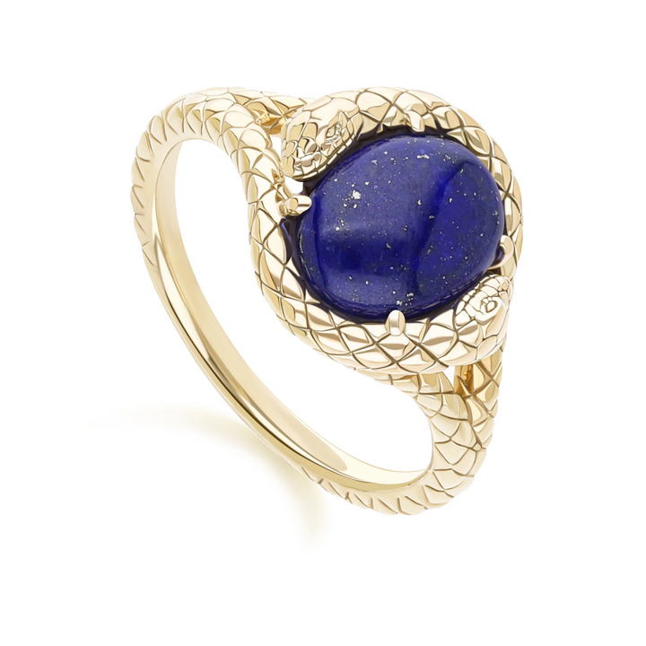 ECFEW Oval lapis lazuli snake two-headed coiled bezel-set cabochon ring in gold vermeil sterling silver