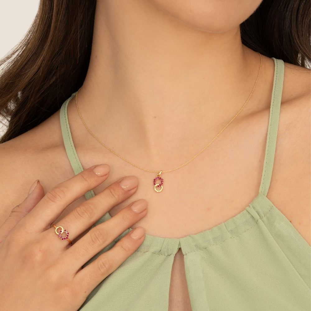 Geometric Hexagon and Round Linked with Prong set Sapphire Pendant in 9ct Yellow Gold