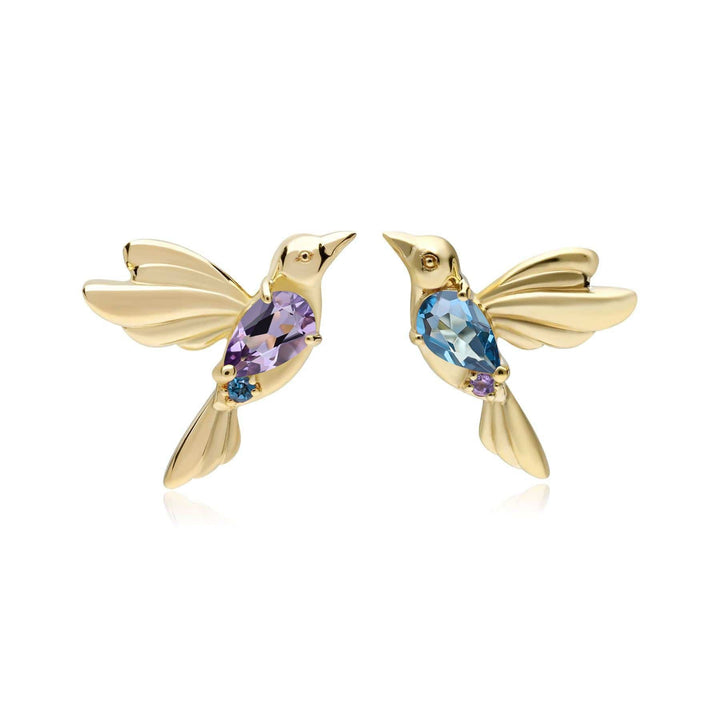 ECFEW™ Pink Amethyst and Blue Topaz Hummingbird Stud Earrings in 925 Sterling Silver