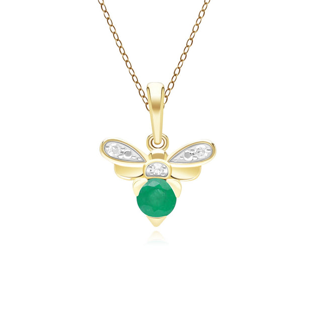 Honeycomb Inspired Emerald and Diamond Bee Pendant Necklace in 9ct Yellow Gold