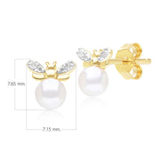 Honeycomb Inspired Pearl and Diamond Bee Stud Earrings in 9ct Yellow Gold