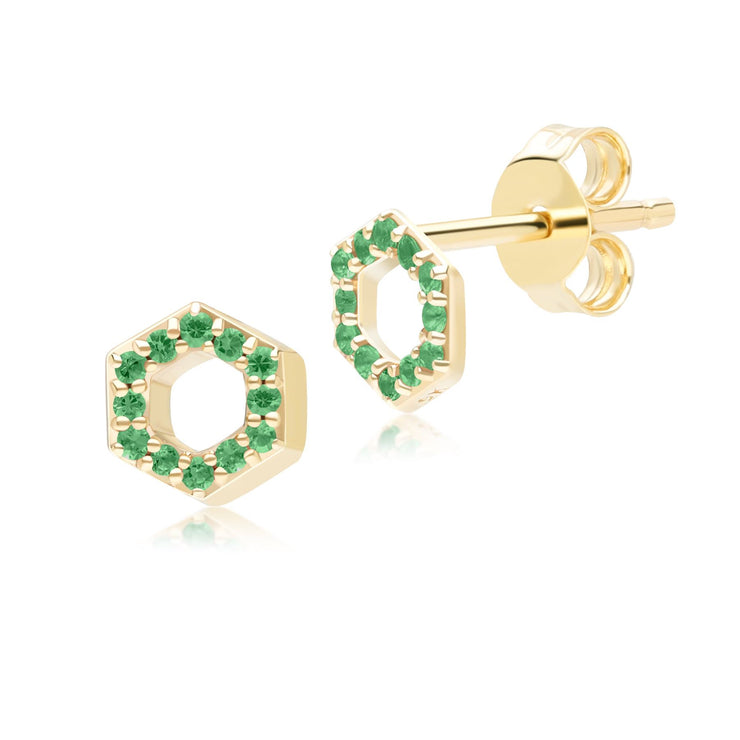 Geometric Hex Emerald Stud Earrings in 9ct Yellow Gold