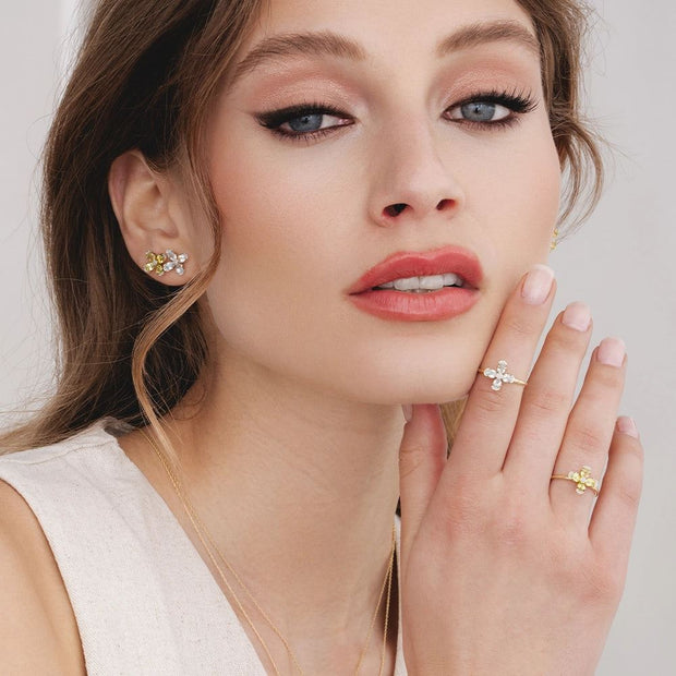 Floral Topaz & Diamond Stud Earrings in 9ct Yellow Gold