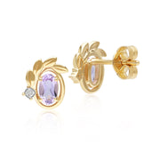 O leaf Pink Amethyst & Diamond Stud Earrings In 9ct Yellow Gold