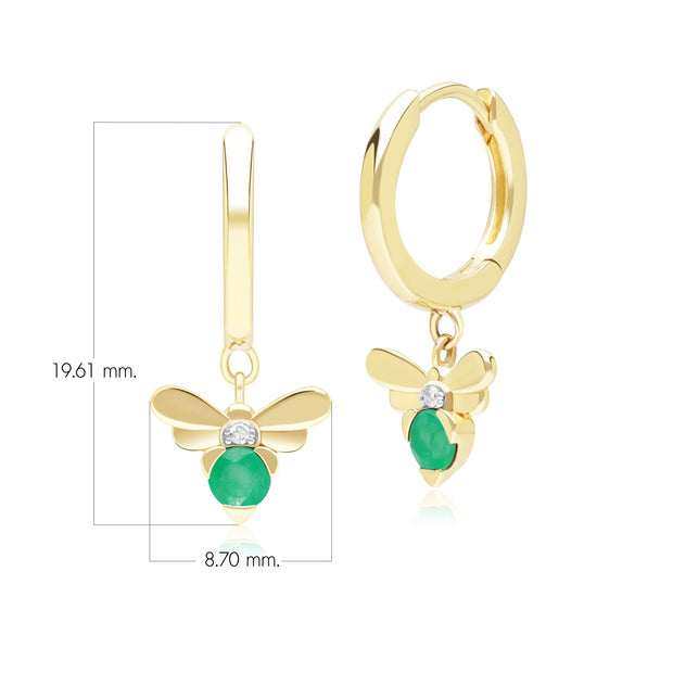 Honeycomb Inspired Emerald and Diamond Bee Hoop Earrings in 9ct Yellow Gold