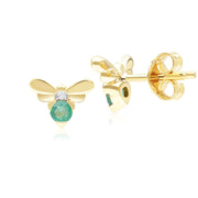 Honeycomb Inspired Emerald and Diamond Bee Stud Earrings in 9ct Yellow Gold