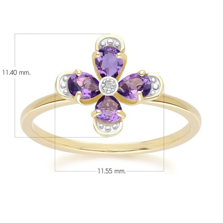 Floral Amethyst & Diamond Ring in 9ct Yellow Gold