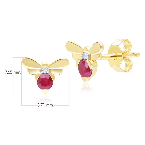 Honeycomb Inspired Ruby and Diamond Bee Stud Earrings in 9ct Yellow Gold