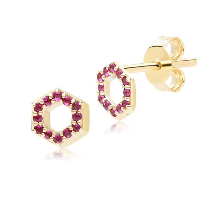 Geometric Hex Ruby Stud Earrings in 9ct Yellow Gold