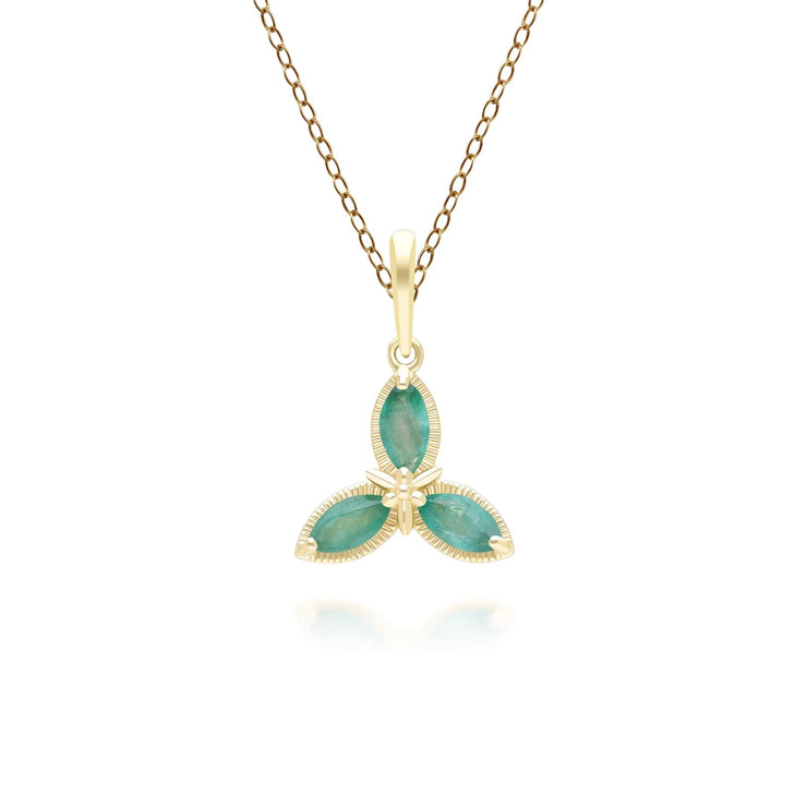 Floral Marquise Emerald Pendant Necklace in 9ct Yellow Gold