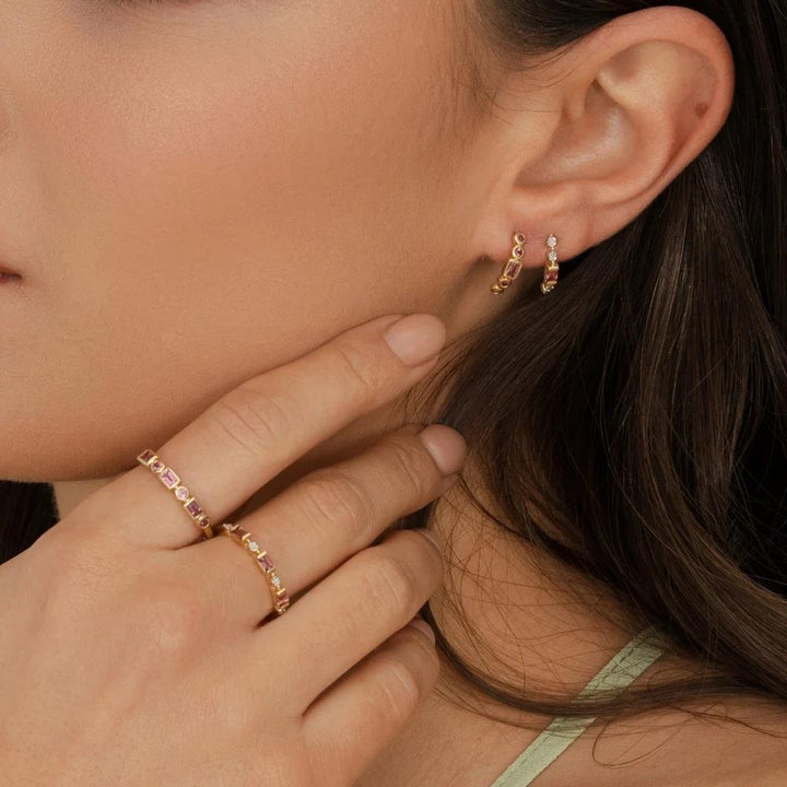 Classic Pink Tourmaline Half Eternity Hoop Earrings in 9ct Yellow Gold