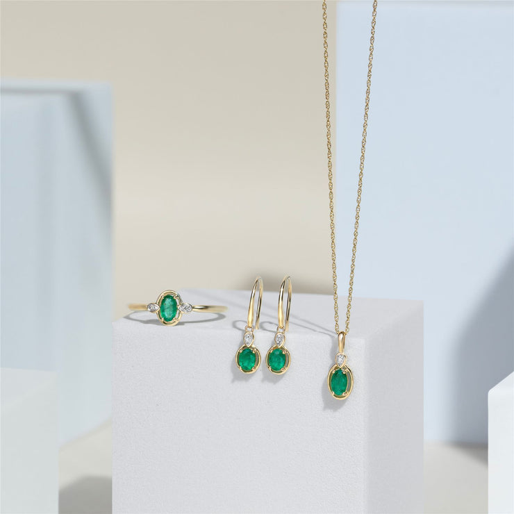 Classic Oval Emerald & Round Diamond Pendant Necklace In 9ct Yellow Gold