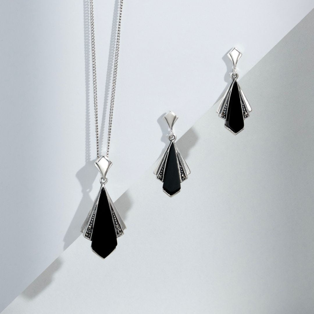 Art Deco Style Black Onyx & Round Marcasite Fan Drop Earrings & Pendant Set in 925 Sterling Silver