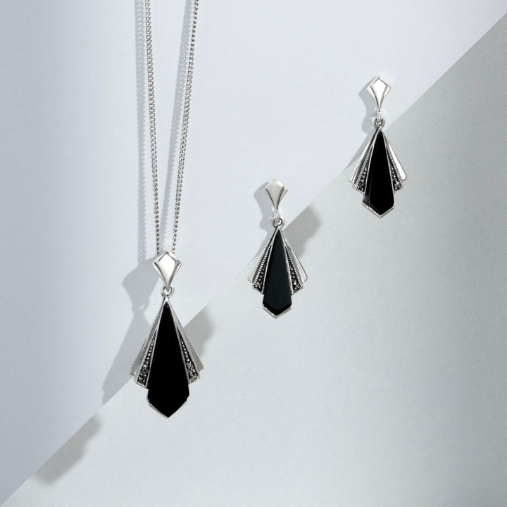 Art Deco Style Black Onyx & Round Marcasite Fan Drop Earrings & Pendant Set in 925 Sterling Silver
