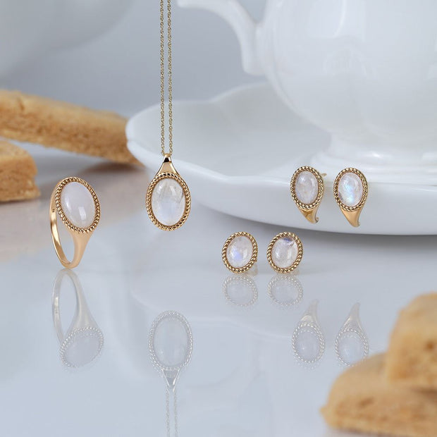 Classic Oval Rainbow Moonstone Stud Earrings in 9ct Yellow Gold