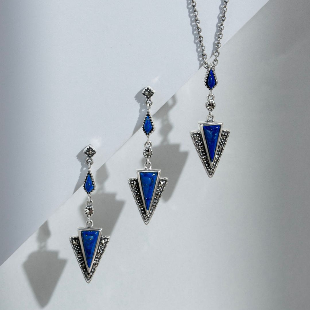 Art Deco Style Style Triangle Lapis Lazuli & Marcasite Drop Earrings & Necklace Set in 925 Sterling Silver