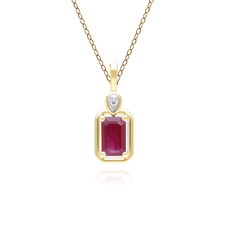Classic Ruby Baguette & Diamond Pendant Necklace In 9ct Yellow Gold