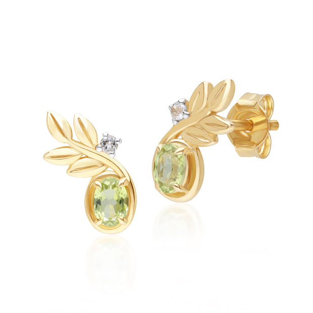 O Leaf Peridot & Diamond Stud Earrings In 9ct Yellow Gold