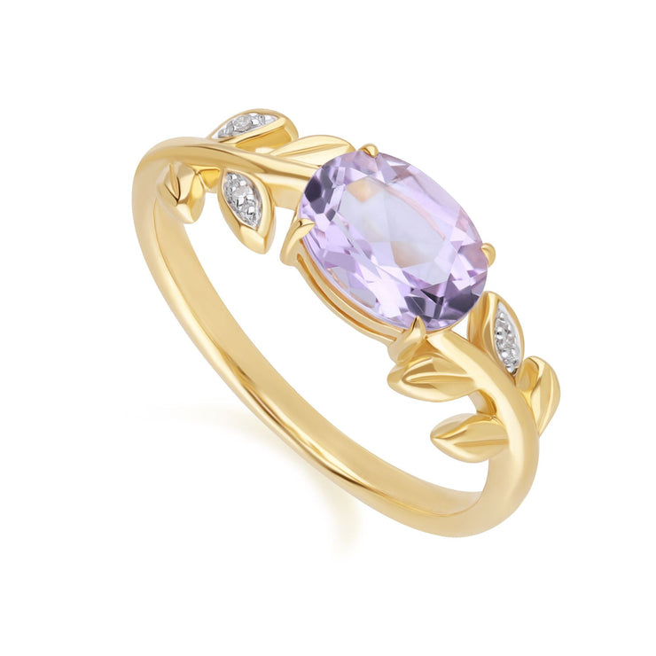 O leaf Pink Amethyst & Diamond Ring In 9ct Yellow Gold