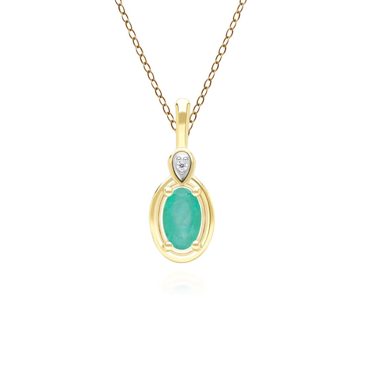 Classic Oval Emerald & Round Diamond Pendant Necklace In 9ct Yellow Gold