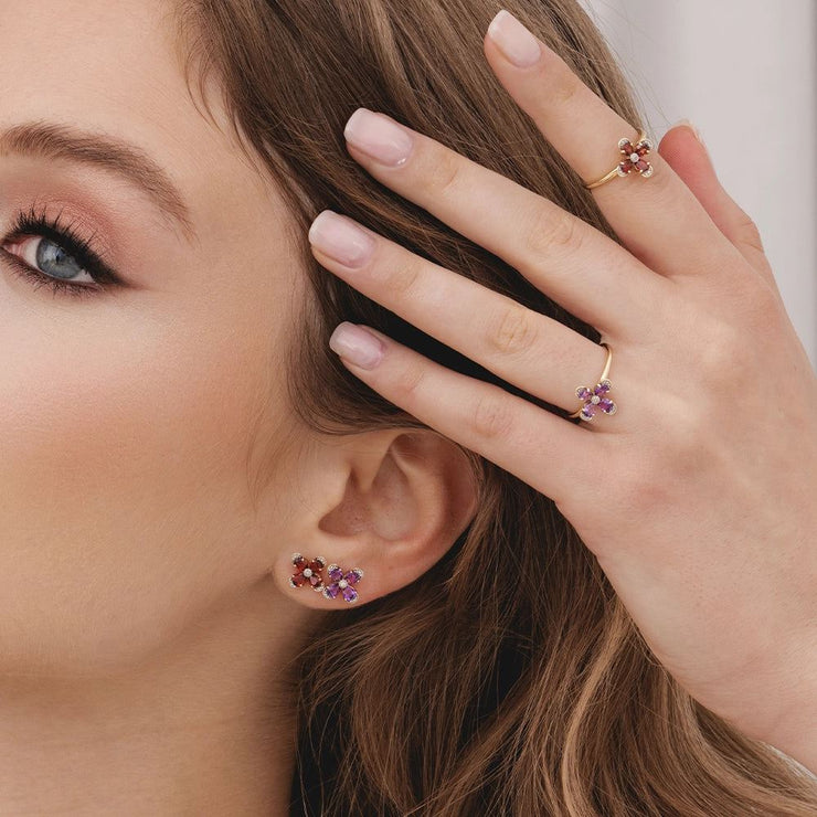 Floral Garnet & Diamond Stud Earrings in 9ct Yellow Gold