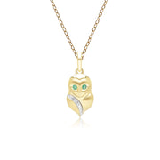 Gardenia Emerald and White Sapphire Owl Pendant Necklace in 9ct Yellow Gold