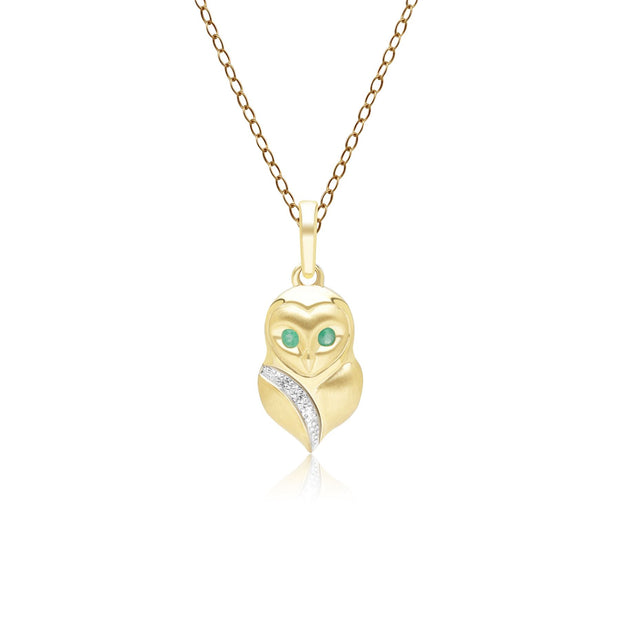 Gardenia Emerald and White Sapphire Owl Pendant Necklace in 9ct Yellow Gold