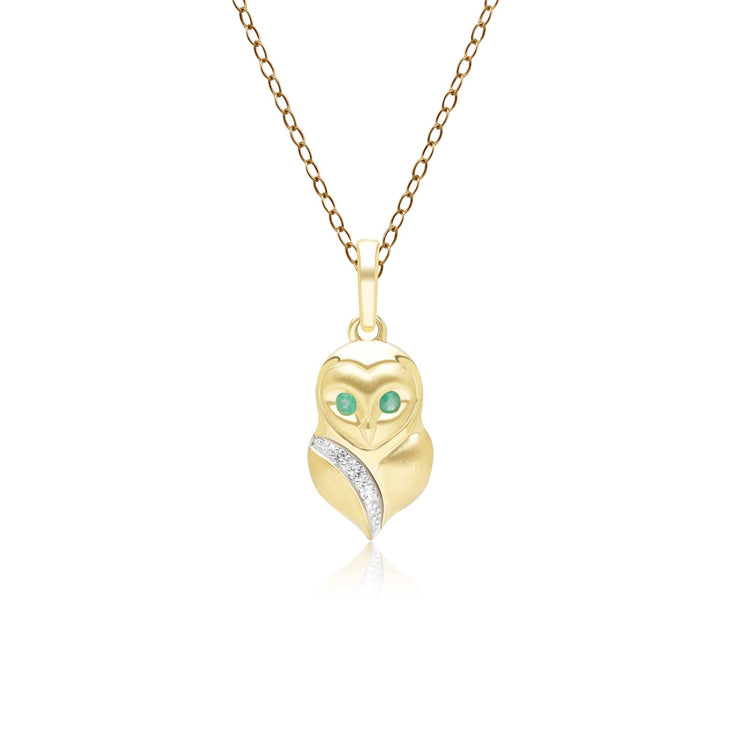 Gardenia Emerald and White Sapphire Owl Pendant Necklace in 9ct Yellow Gold