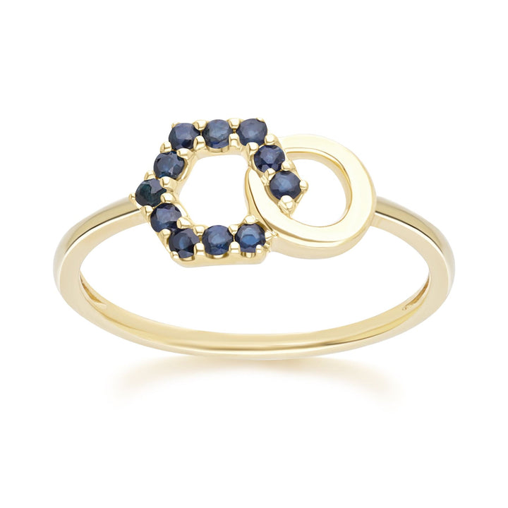 Geometric Hexagon and Round Linked with Prong Set Sapphire Ring in 9ct Yellow Gold