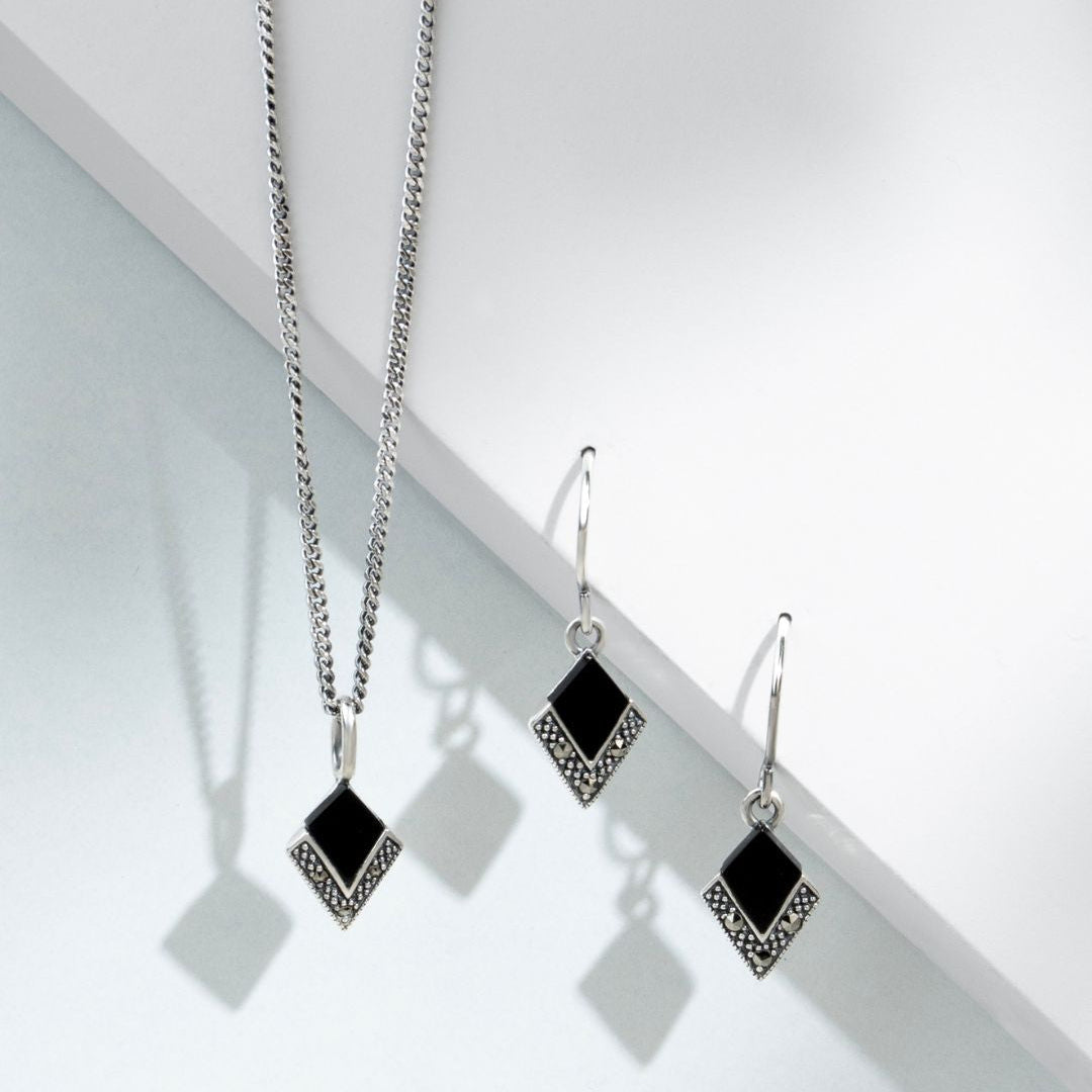 Art Deco Style Style Black Onyx & Round Marcasite Kite Drop Earrings & Pendant Set in 925 Sterling Silver