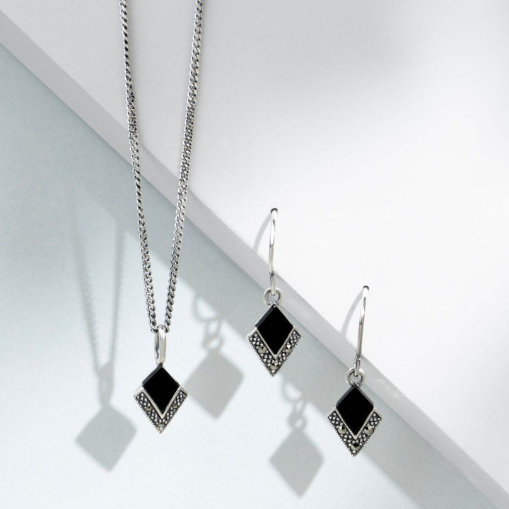 Art Deco Style Style Black Onyx & Round Marcasite Kite Drop Earrings & Pendant Set in 925 Sterling Silver