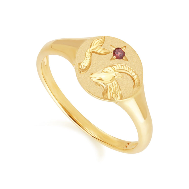 Zodiac Garnet Capricorn Signet Ring In 9ct Yellow Gold