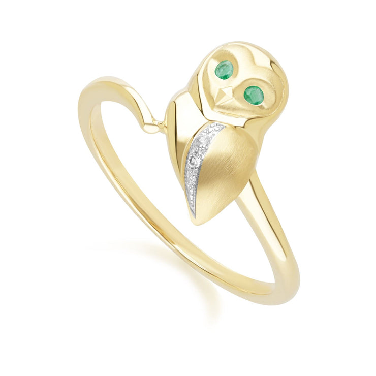 Gardenia Emerald and White Sapphire Owl Ring in 9ct Yellow Gold