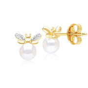 Honeycomb Inspired Pearl and Diamond Bee Stud Earrings in 9ct Yellow Gold